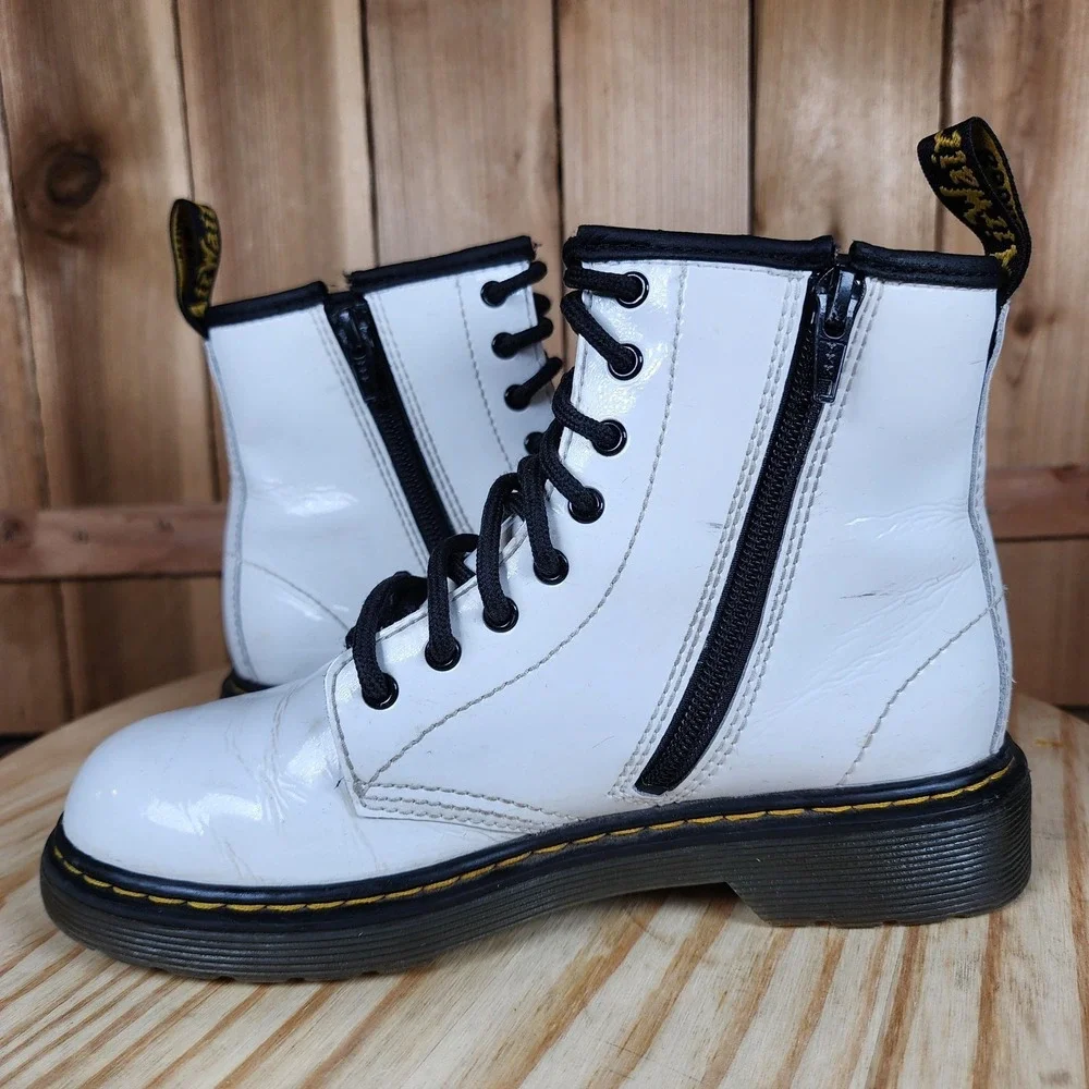 Dr Martens 1460 J Boots Kids Size 3 White Leather Combat Lace Up Side Zip‎ Ankle
